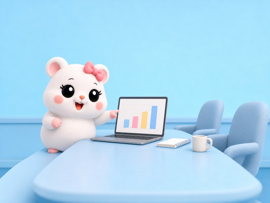 루비가 회의실 테이블 앞쪽에서 노트북 화면의 Q2 숫자를 가리키며 동료들에게 부드럽게 확인하는 장면