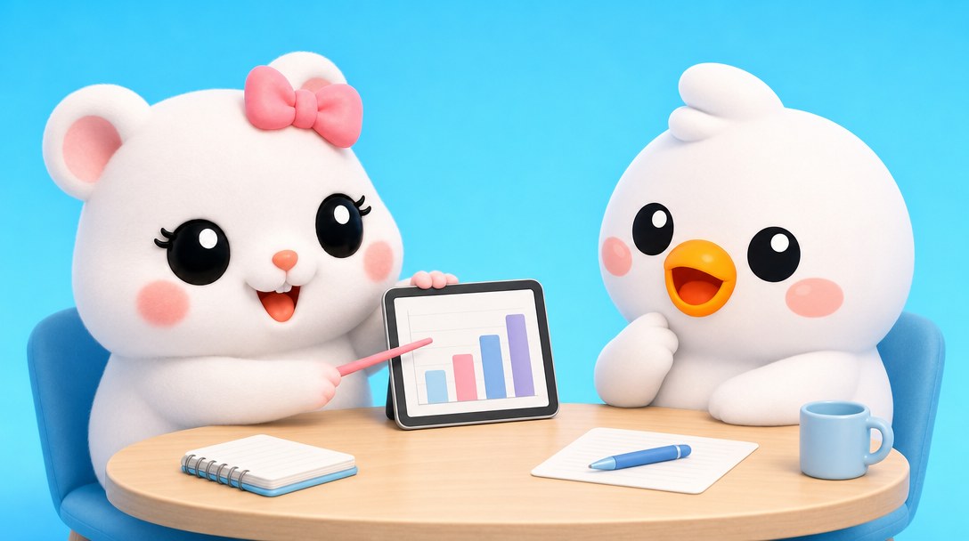 루비와 버디가 회의 테이블에 마주 앉아 루비가 태블릿으로 분기 성과 그래프를 단계별로 설명하는 장면
