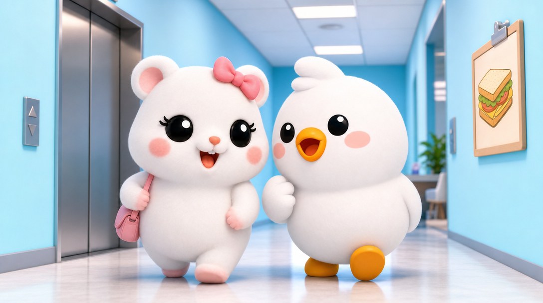 루비와 버디가 사무실 복도를 걸으며 1층 샌드위치 가게 표지판을 향해 함께 걸어가는 장면