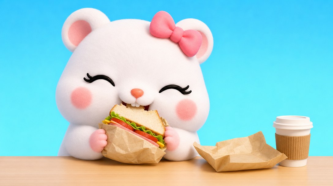루비가 책상에서 갓 산 샌드위치를 두 손으로 들고 첫 입을 베어 물며 만족스러운 표정을 짓는 장면