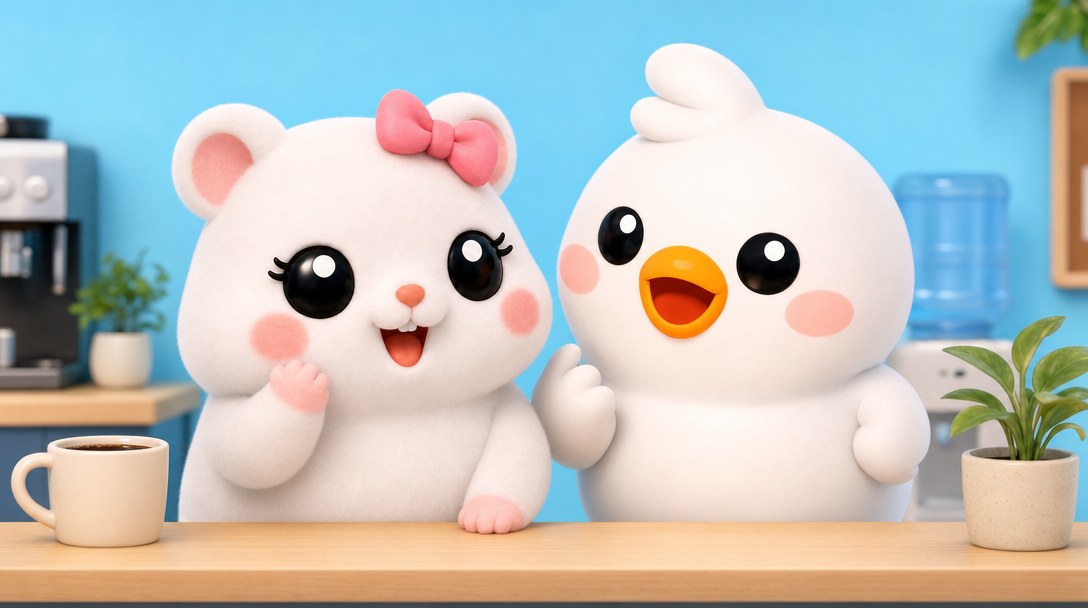 루비와 버디가 휴게실 카운터에 기대 손짓을 하며 근황을 주고받는 장면