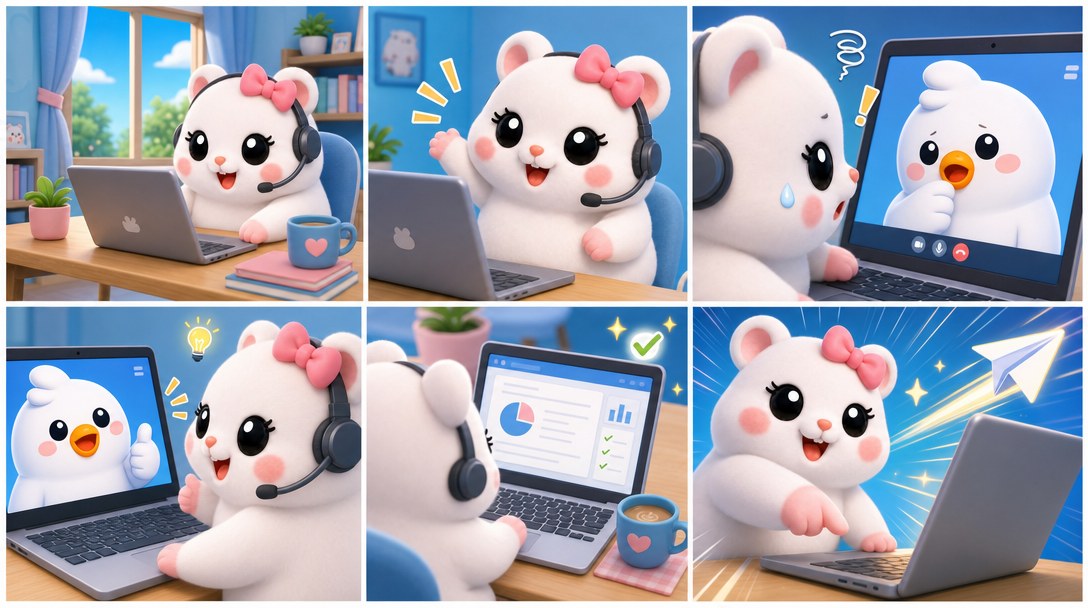 루비가 재택근무 오후에 화면을 공유하고, 버디와 화상통화로 소식을 나누고, 제안서를 보내기까지를 담은 6컷 만화