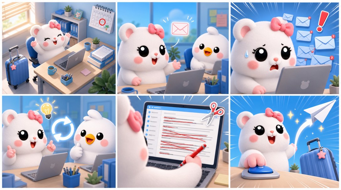루비가 휴가 전 인수인계 메일을 쓰며 동료에게 연락을 부탁하고, 담당자를 스레드에 넣고, 긴 초안을 줄여 보내기까지를 담은 6컷 만화
