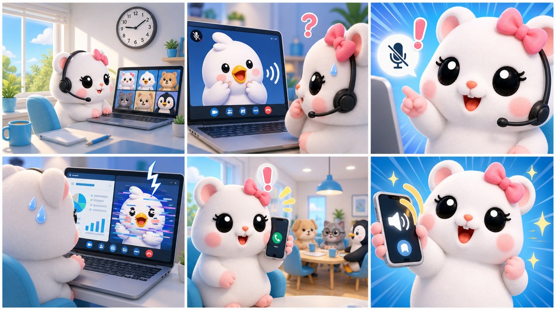 루비가 오전 화상회의에서 음소거를 알려주고, 멈춘 화면을 짚고, 전화를 스피커폰으로 돌리기까지를 담은 6컷 만화