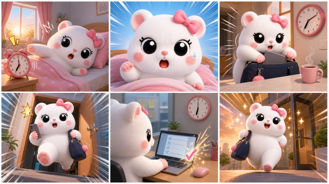 늦잠 잔 아침부터 정시 퇴근까지 — get up / head out / get off work